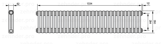 Схема (чертеж) Радиатор Zehnder Charleston 2035/29 №7610 Белый глянцевый RAL 9016